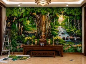 Tranh dán tường cây bồ đề thi công thực tế dán phòng thờ Phật