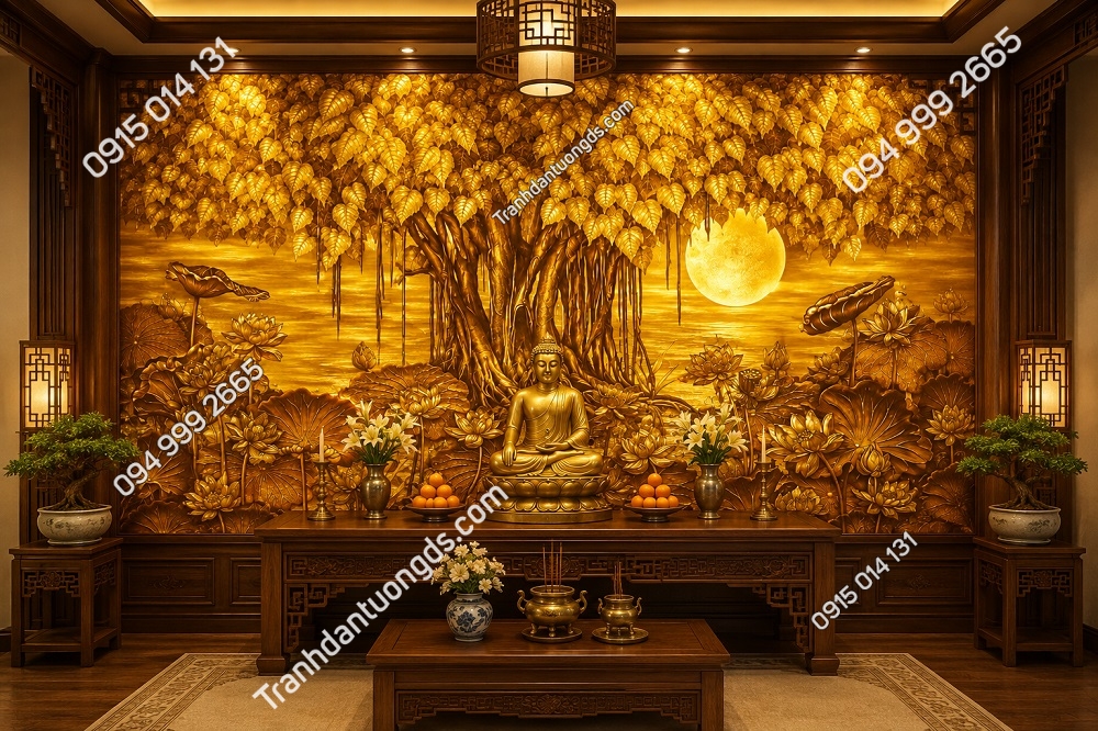 Tranh dán tường cây bồ đề trúc chỉ vàng dán phòng thờ