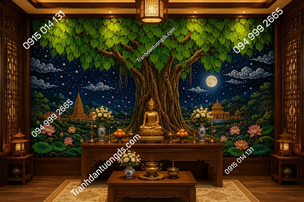 Tranh dán tường cây bồ đề và hồ sen dán phòng thờ phật