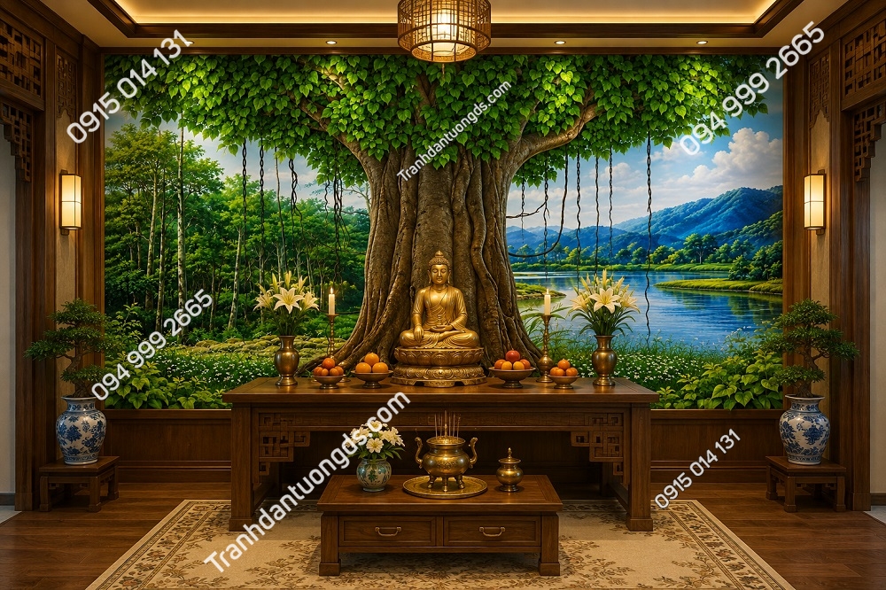 Tranh dán tường cây bồ đề và thiên nhiên đặt sau tượng thờ Phật