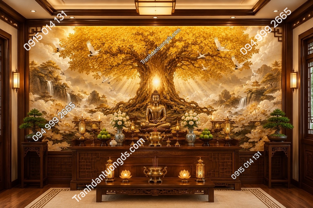 Tranh dán tường cây bồ đề vàng dán sau tủ thờ