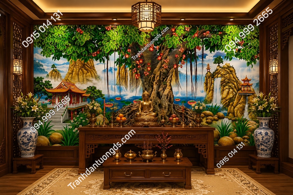 Tranh dán tường gốc cây bồ đề cổ thụ tán rộng sau bàn thờ