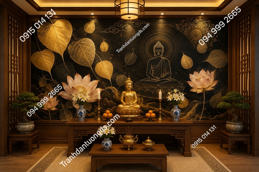 Tranh dán tường lá cây bồ đề kết hợp hình Phật giáo nhẹ nhàng
