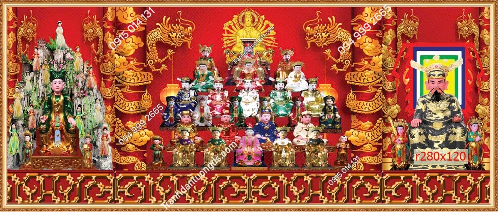 Tranh tứ phủ nền đỏ khổ dài 35315