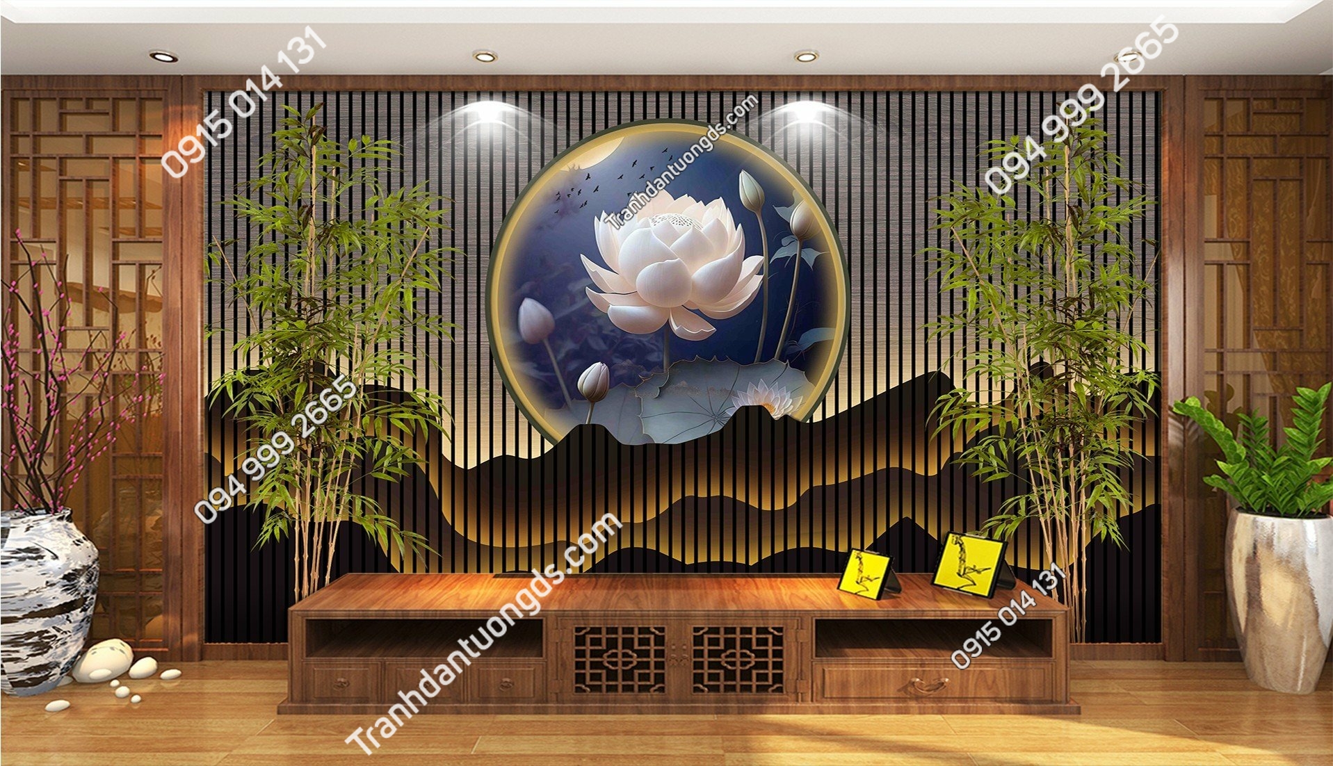 Tranh dán tường hoa sen kết hợp cây cảnh trên nền lam sóng 5D_2589913