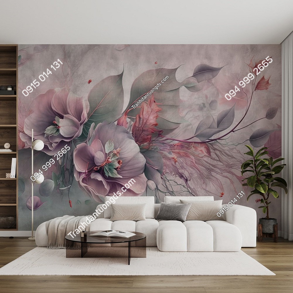 Tranh lụa dán tường phòng khách kiểu hoa hiện đại 3D1303