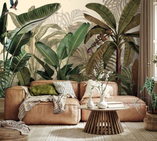 Tranh lụa dán tường phòng khách rừng cây tropical nhiệt đới indochine 3D