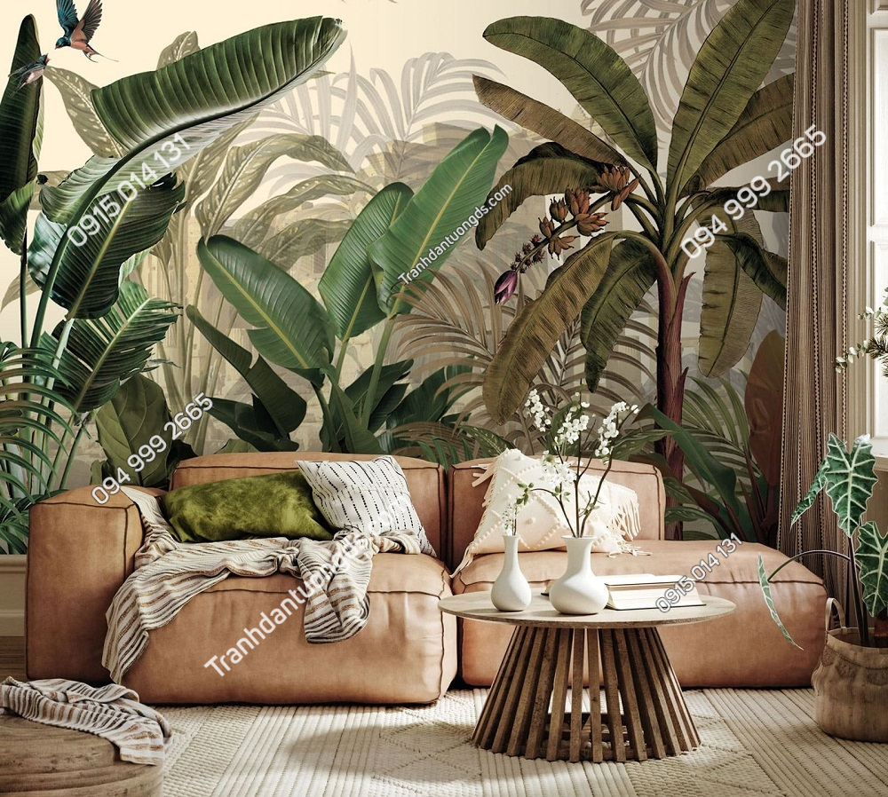 Tranh lụa dán tường phòng khách rừng cây tropical nhiệt đới indochine 3D