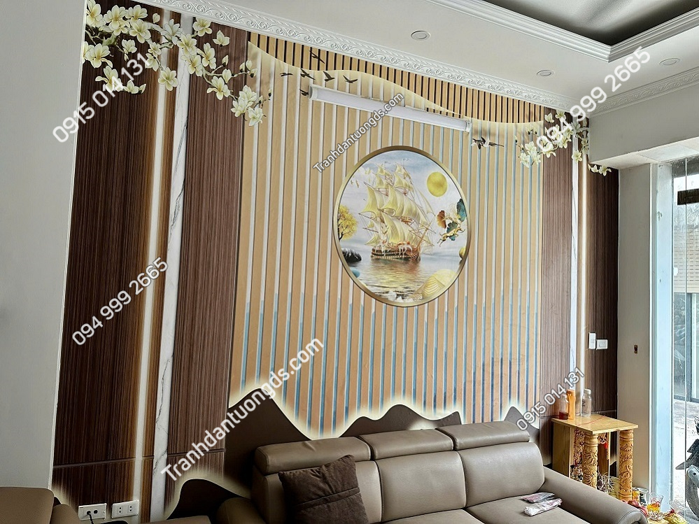 Đại Sơn thi công tranh dán lam sóng giả vân gỗ sau sofa phòng khách