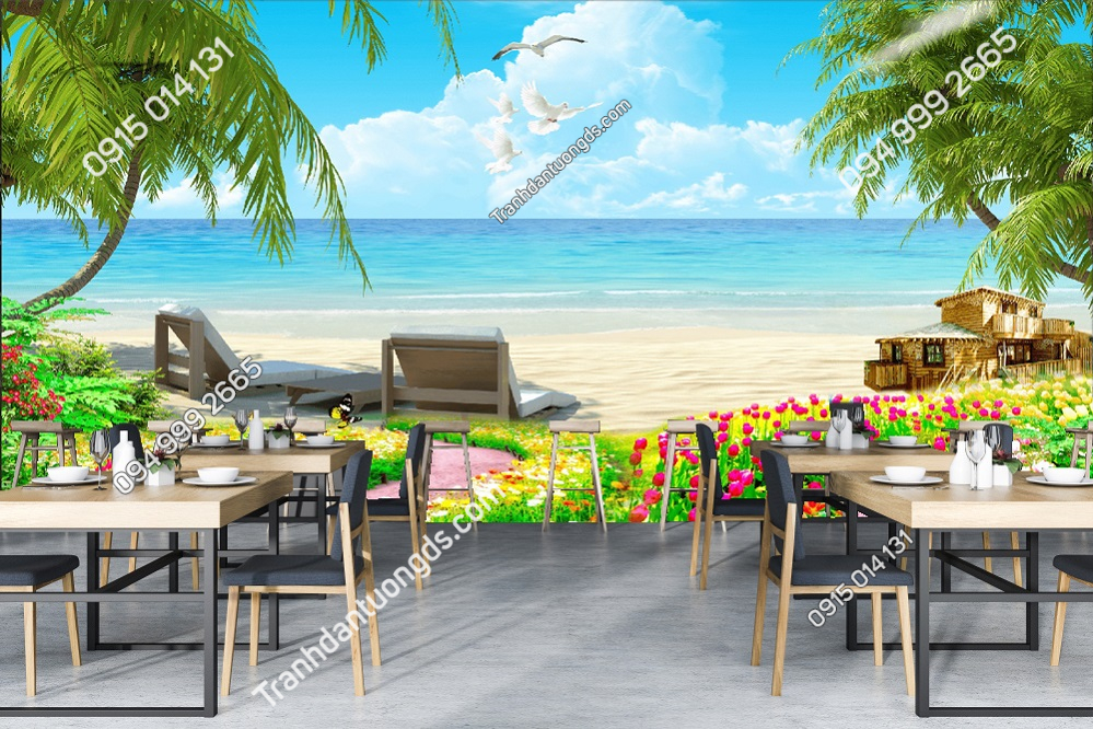 Tranh bãi biển cây dừa dán quán ăn 30456
