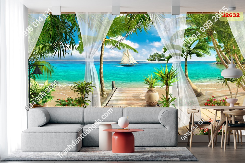 Tranh dán phong cảnh biển kiểu rèm phủ phòng khách 32632