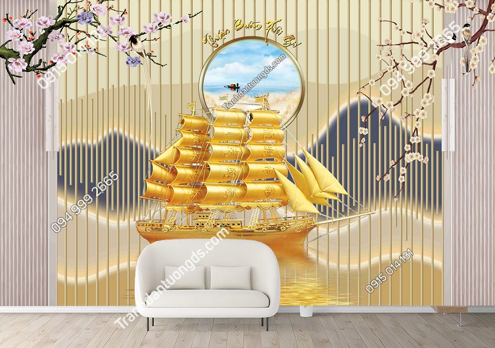 Tranh dán tường 3D thuận buồm xuôi gió lam sóng mạ vàng 231017