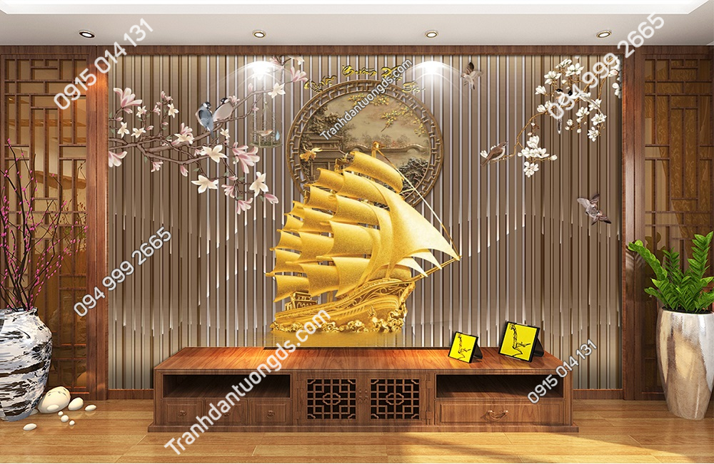 Tranh dán tường 3D thuận buồm xuôi gió lam sóng mạ vàng 231019