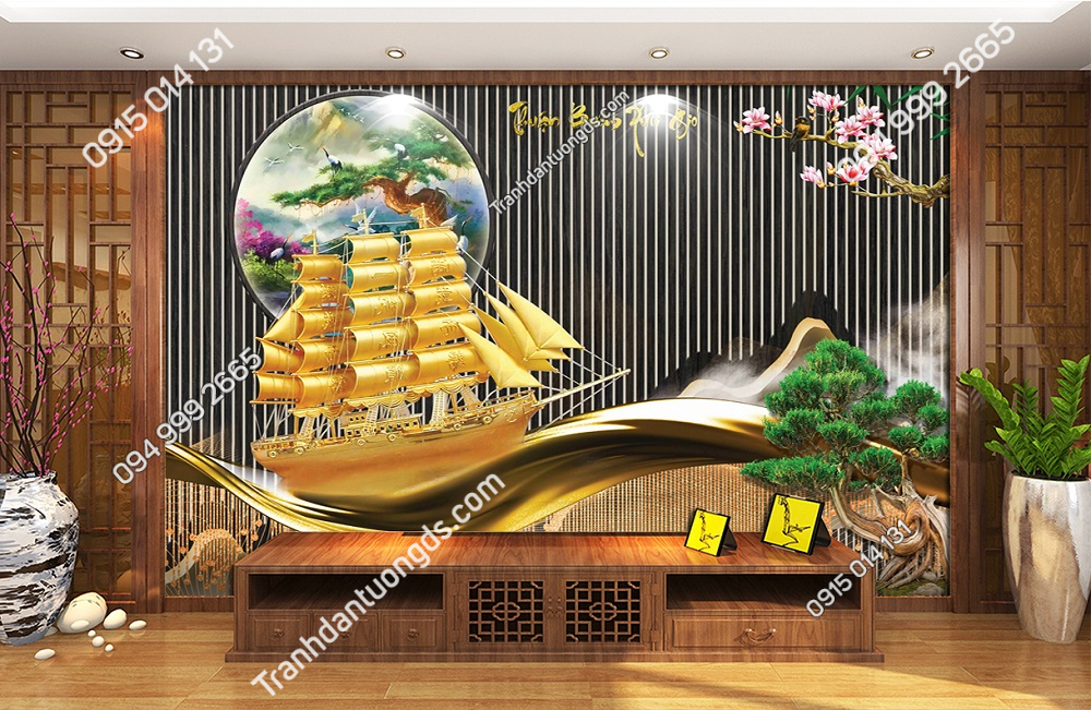 Tranh dán tường 3D thuận buồm xuôi gió lam sóng mạ vàng 231023