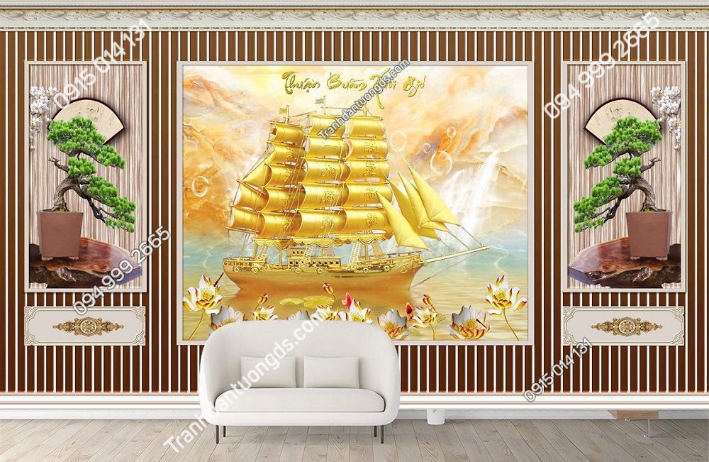 Tranh dán tường 3D thuận buồm xuôi gió lam sóng mạ vàng 231031