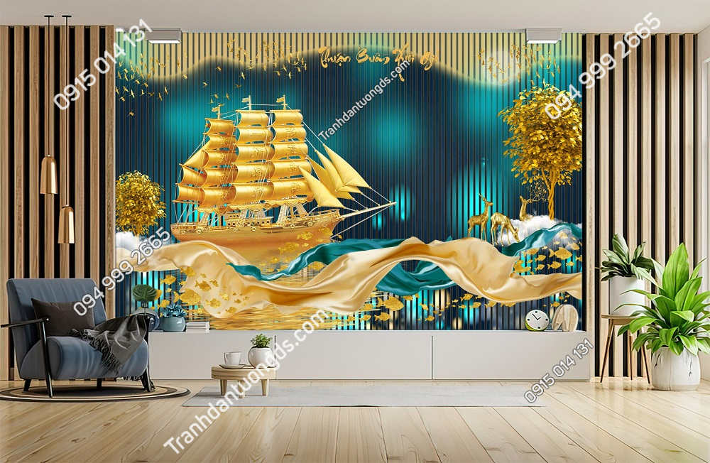 Tranh dán tường 3D thuận buồm xuôi gió lam sóng mạ vàng 231046