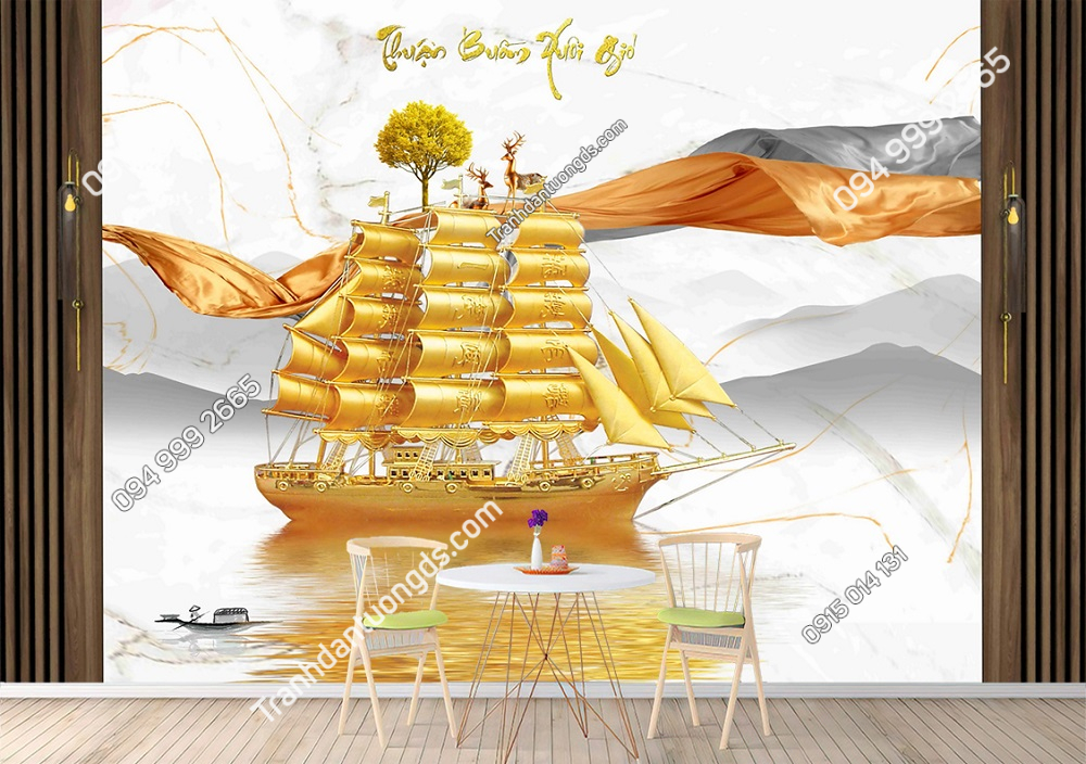 Tranh dán tường 3D thuận buồm xuôi gió mạ vàng 231016