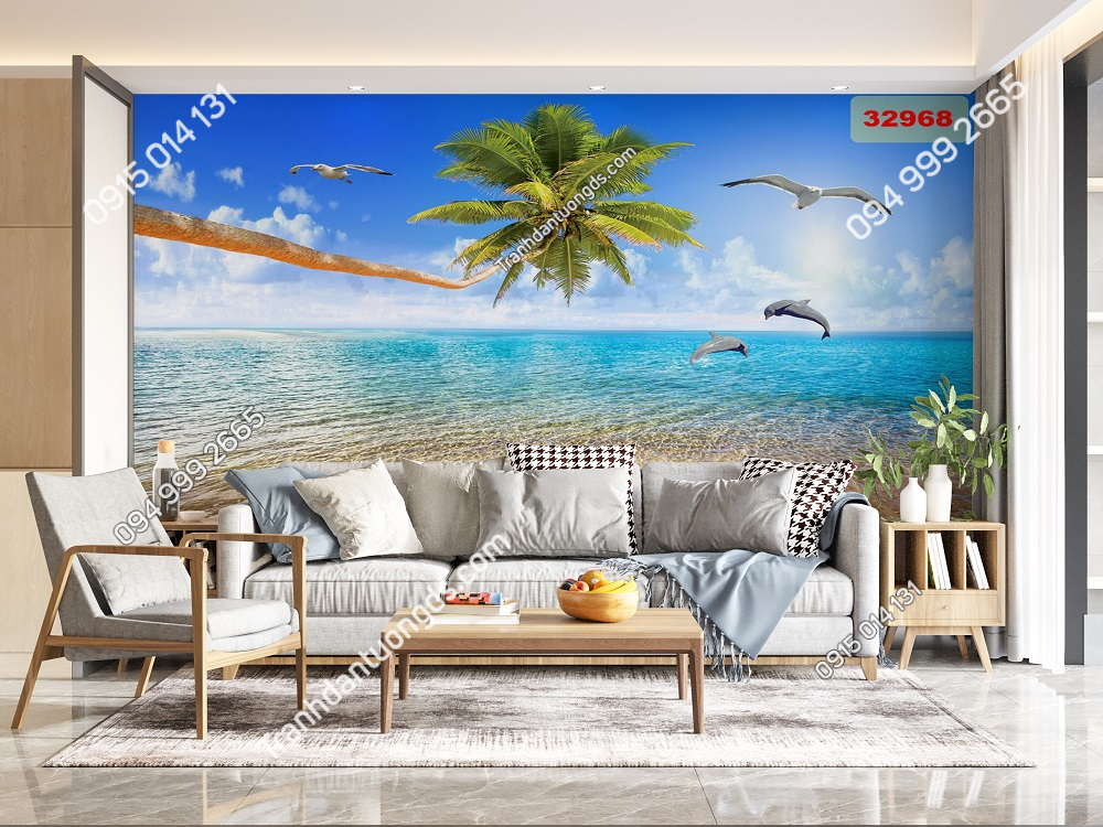 Tranh dán tường cảnh bãi biển cây dừa cá heo 32968