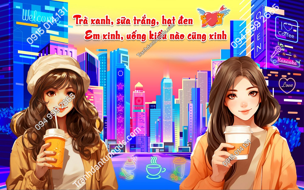 Tranh dán tường quán trà sữa thành phố hiện đại với cô gái GMD2342024