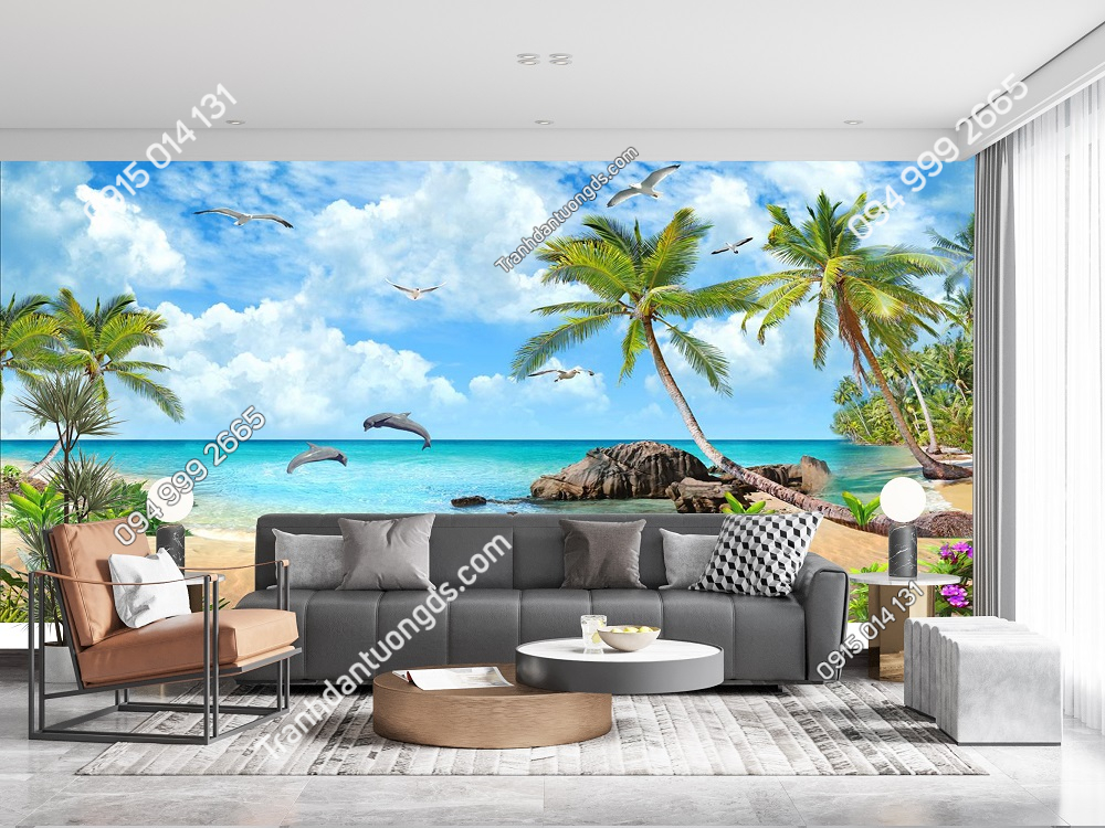 Tranh lụa cây dừa bãi biển 3D dán phòng khách 50241