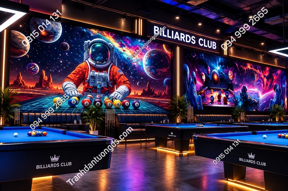 Tranh Dán Tường Bida Phi Hành Gia Vũ Trụ Chơi Bida Phong Cách 3D Neon BIDA11920269