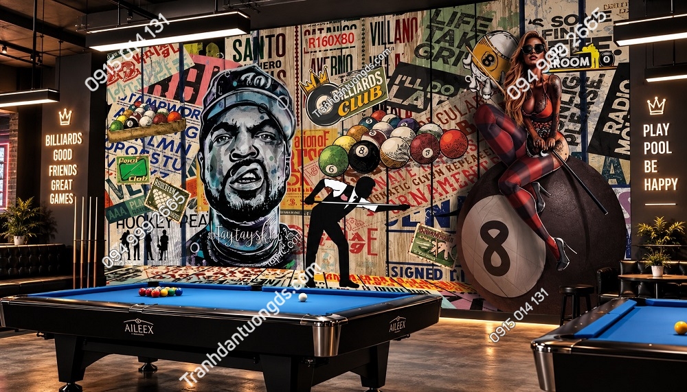 Tranh Dán Tường Quán Bida Phong Cách Graffiti Billiards Club BD356854