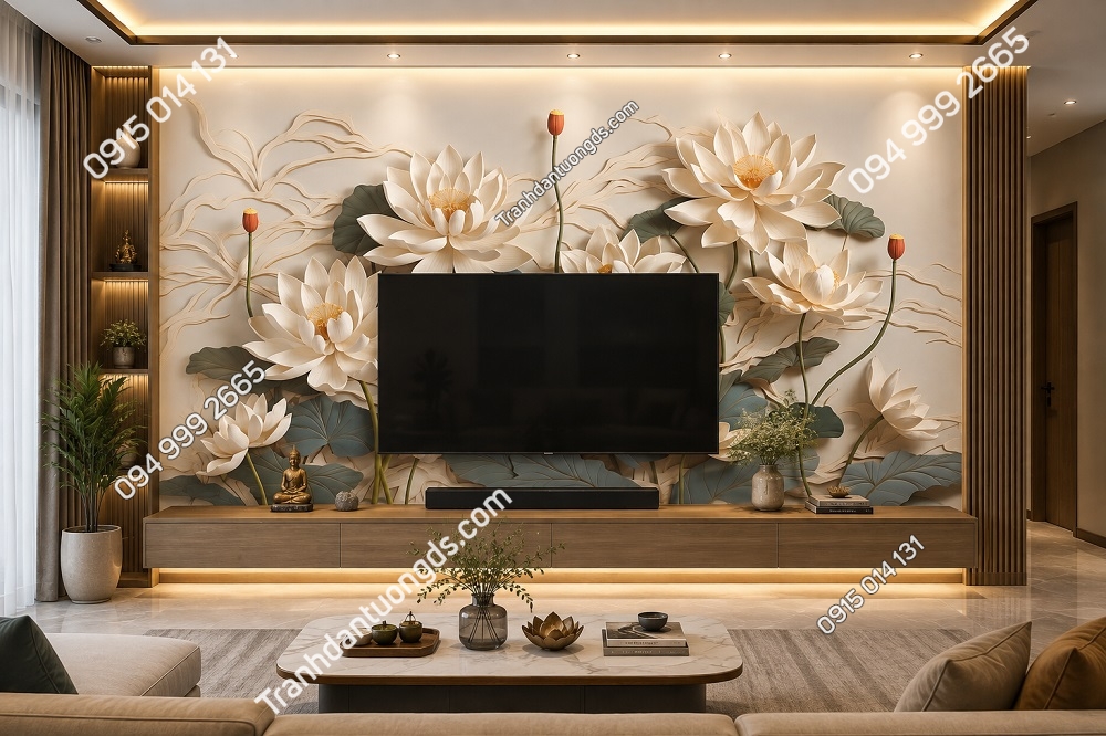 Tranh hoa sen AB907781133 dán sau bức tường tivi phòng khách
