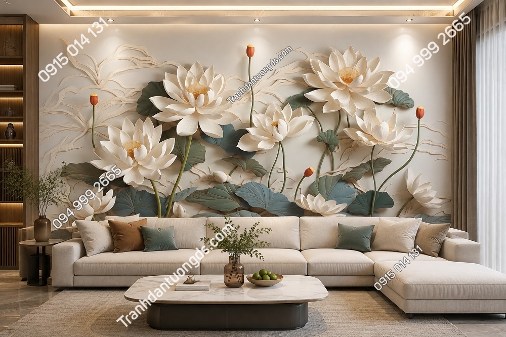 Tranh hoa sen AB907781133 dán sau ghế sofa phòng khách hiện đại
