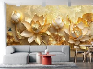 Tranh 5D hoa sen vàng hoàng gia dán phòng khách AB2474741845