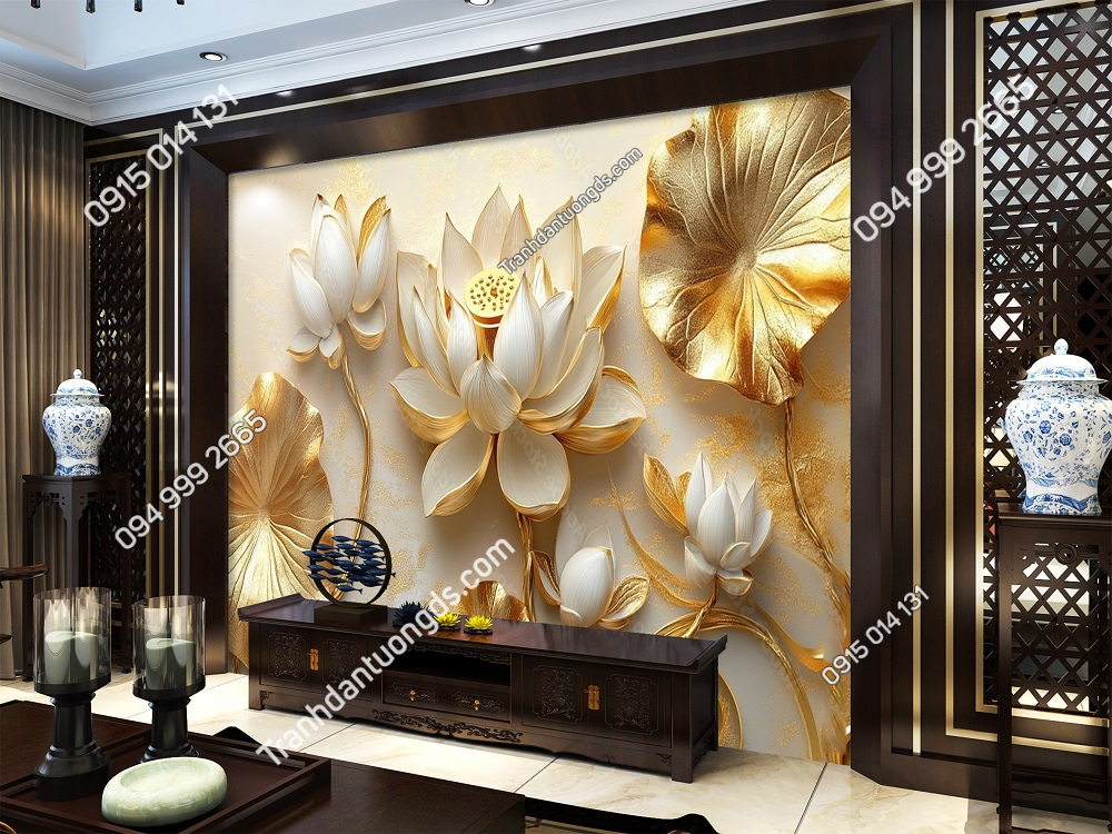 Tranh dán tường hoa sen vàng AI trang trí phòng khách AB2474756021