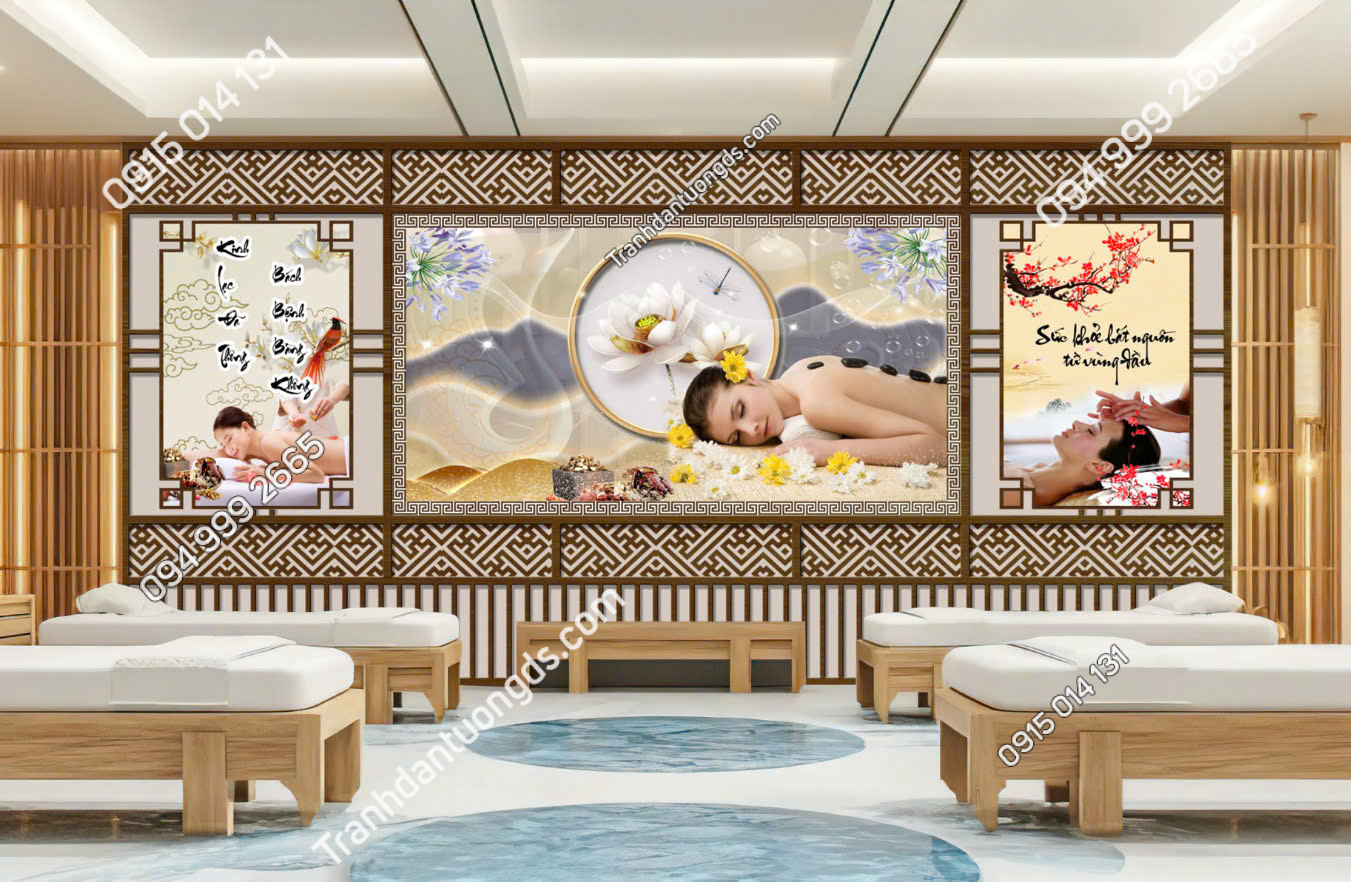 Tranh dán tường vách gỗ lam sóng dán spa M6