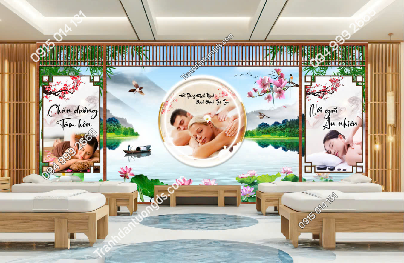 Tranh dán tường vách gỗ lam sóng dán spa M9