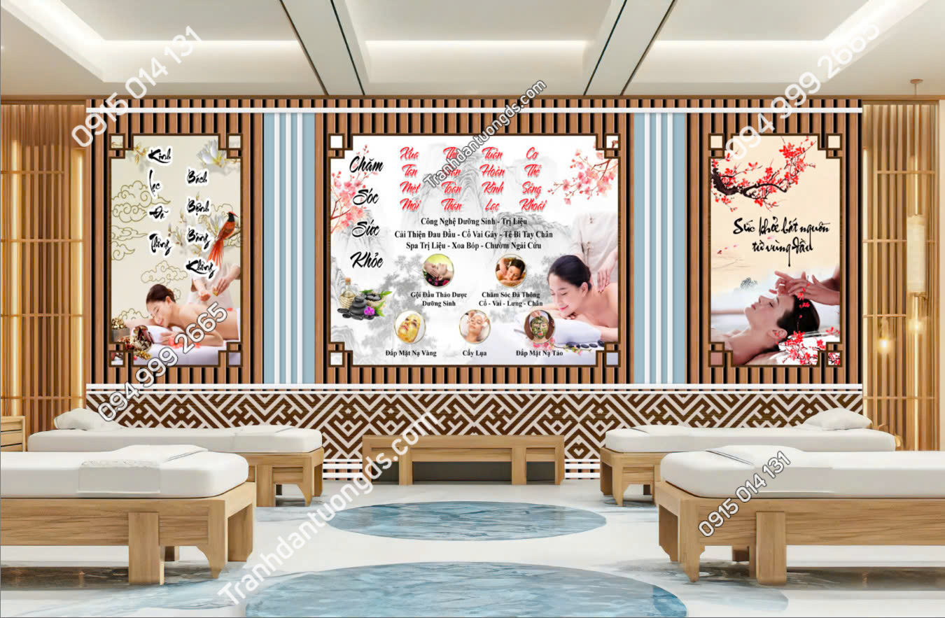 Tranh dán tường vách gỗ lam sóng dán spa
