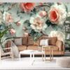 Tranh lụa hoa 3D thiết kế AI dán phòng khách hiện đại 9706