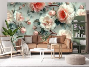 Tranh lụa hoa 3D thiết kế AI dán phòng khách hiện đại 9706