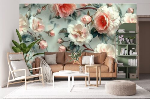 Tranh lụa hoa 3D thiết kế AI dán phòng khách hiện đại 9706