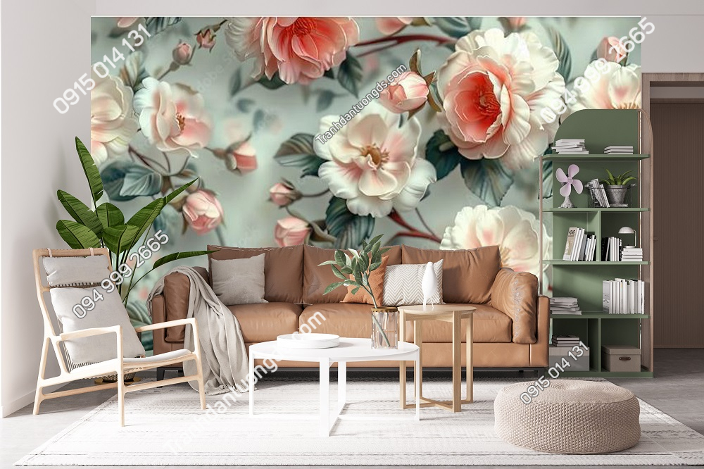 Tranh lụa hoa 3D thiết kế AI dán phòng khách hiện đại 9706