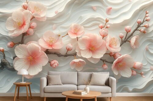 Tranh dán tường hoa đào phòng khách 3507