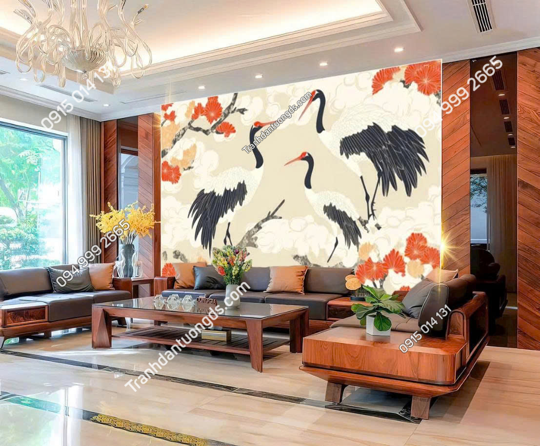 Tranh 3D chim hạc indochine trang trí phòng