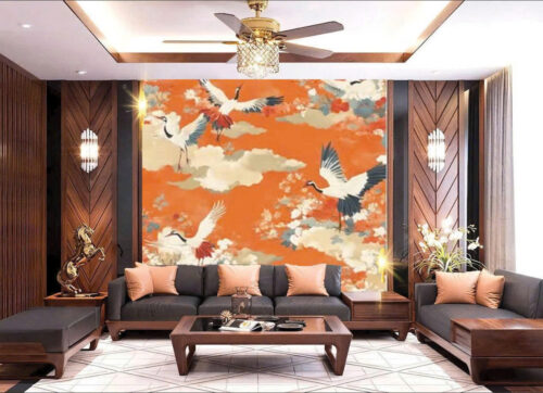 Tranh 3D chim hạc phong cách indochine phòng khách
