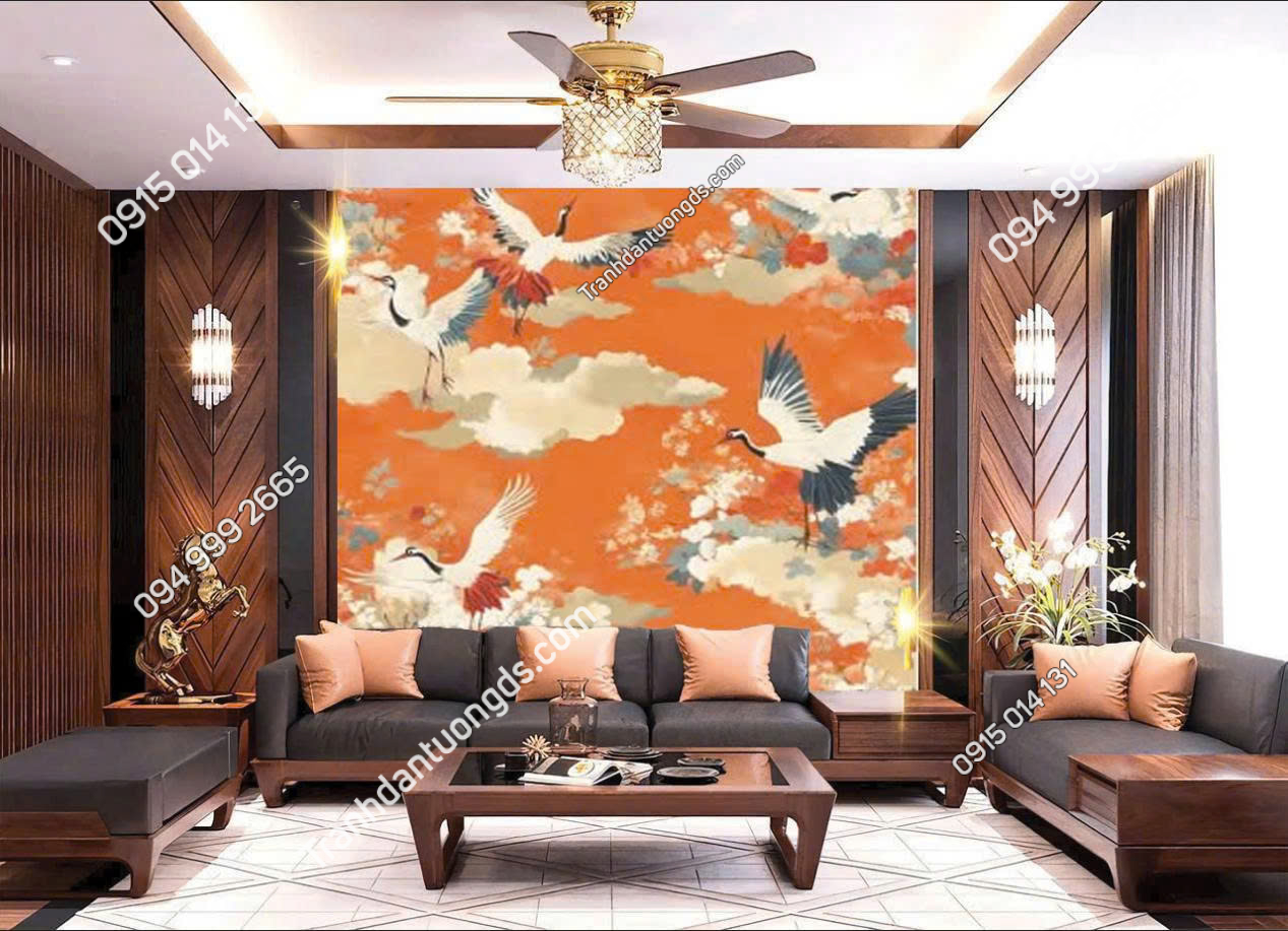 Tranh 3D chim hạc phong cách indochine phòng khách