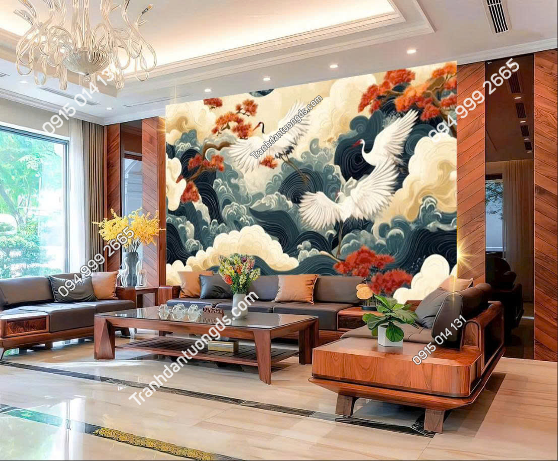 Tranh 3D chim hạc và mây dán phòng khách