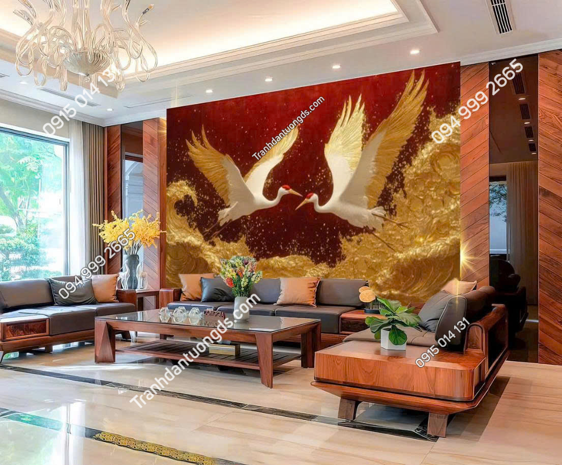 Tranh 5D chim hạc phong cách indochine đẹp