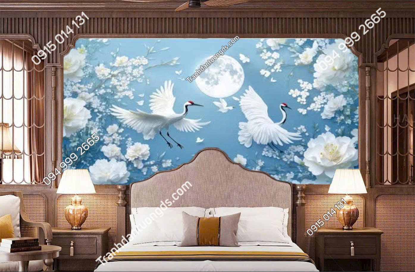 Tranh dán tường chim hạc bay dưới trăng dán phòng ngủ