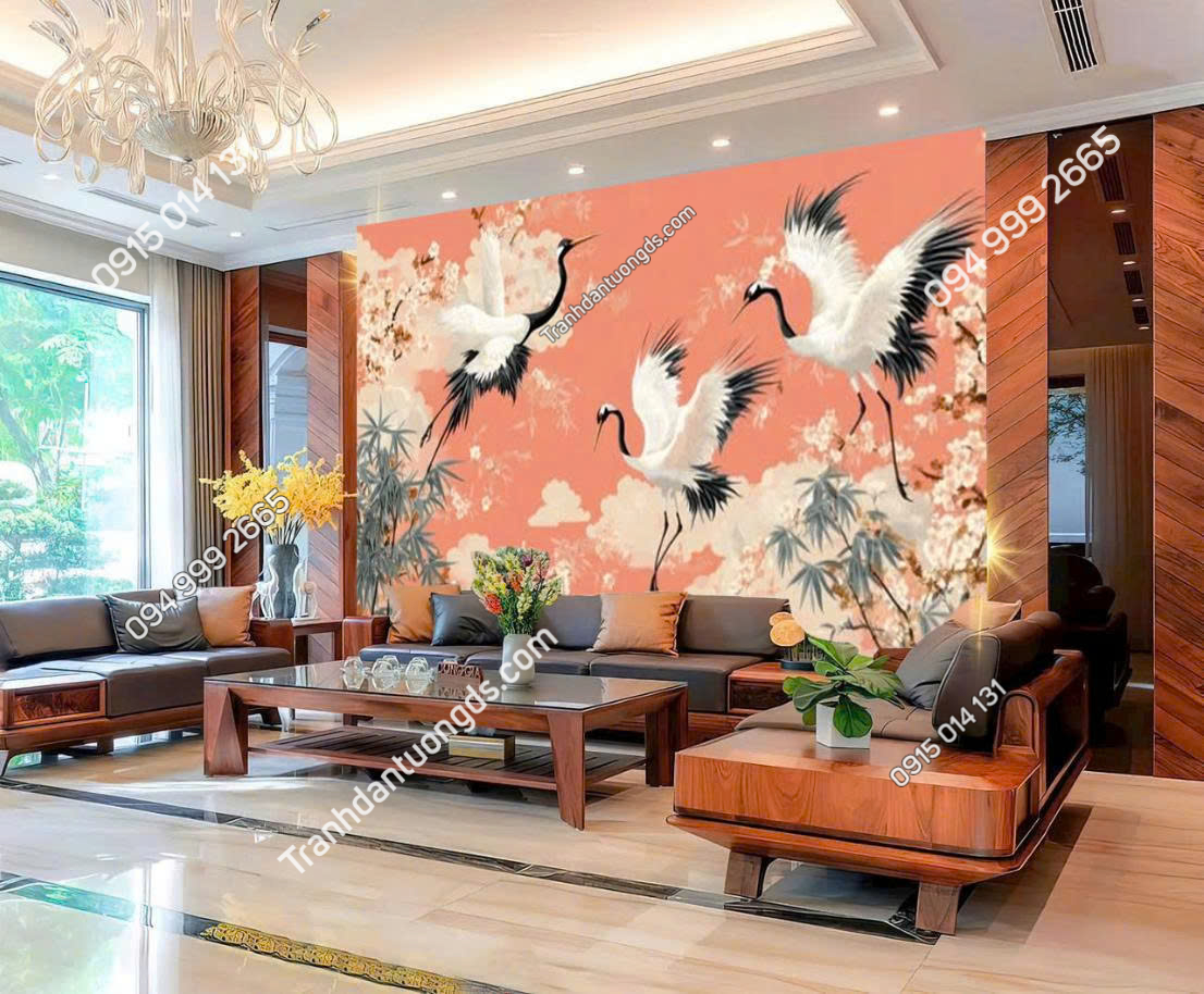 Tranh dán tường chim hạc indochine đẹp