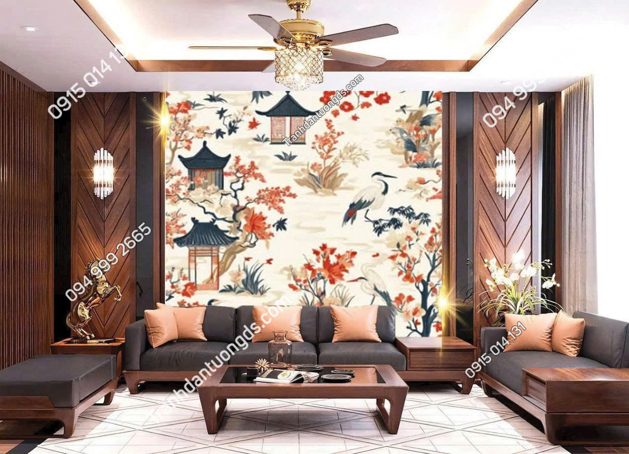 Tranh dán tường chim hạc indochine