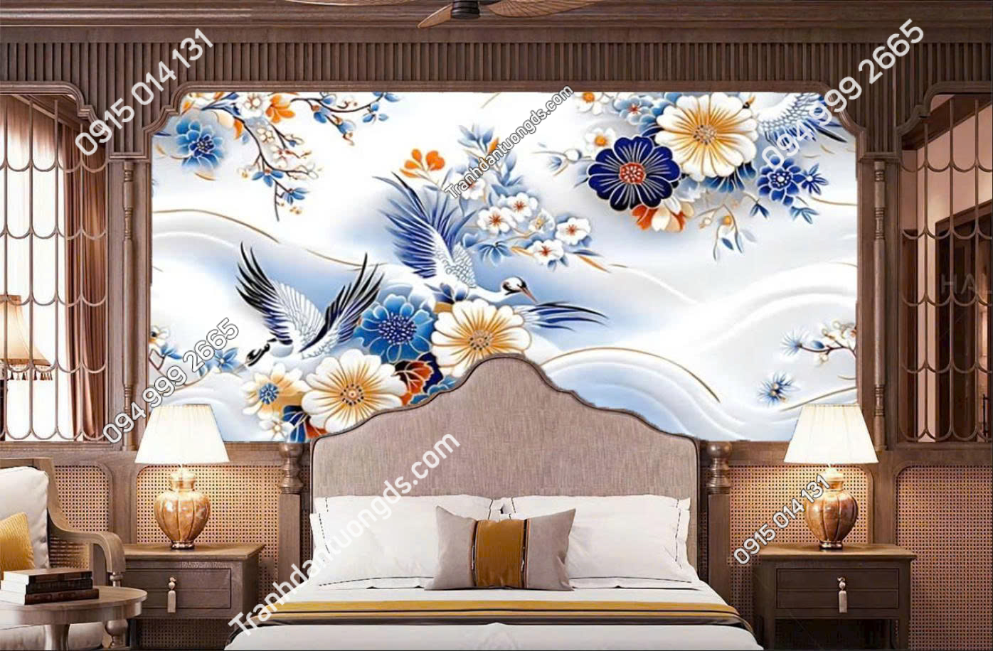 Tranh dán tường chim hạc và hoa 3D phòng ngủ