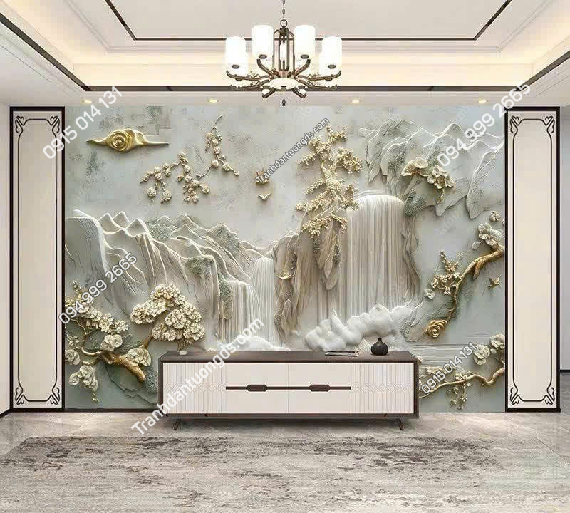 Tranh dán tường thủy mặc hiện đại phòng khách 5D105