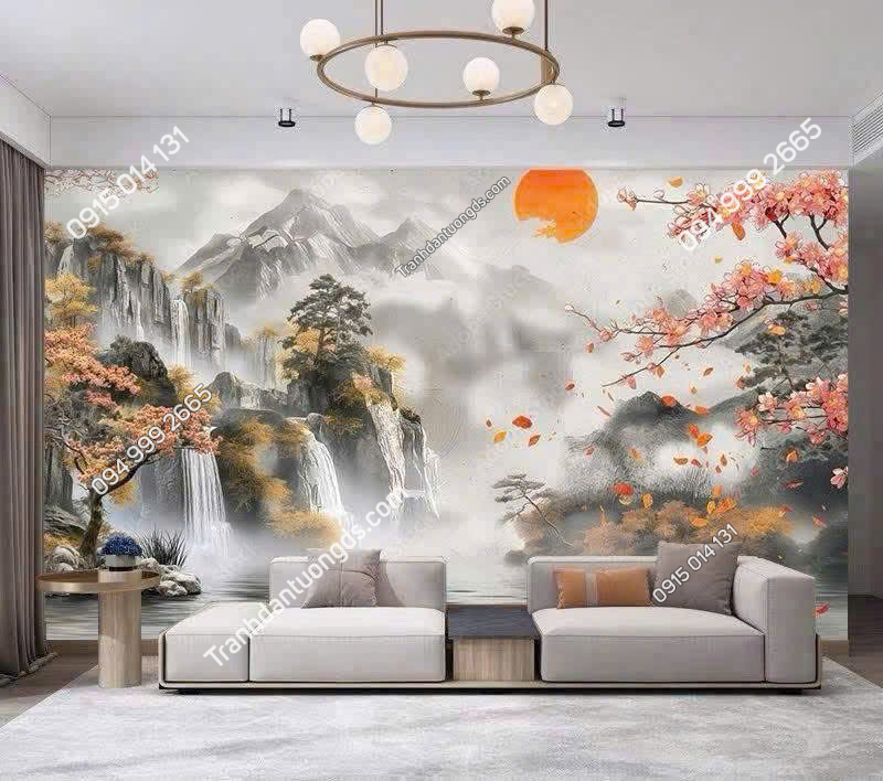 Tranh dán tường thủy mặc hiện đại phòng khách 5D108