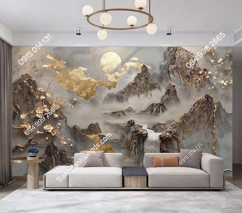 Tranh dán tường thủy mặc hiện đại phòng khách 5D109